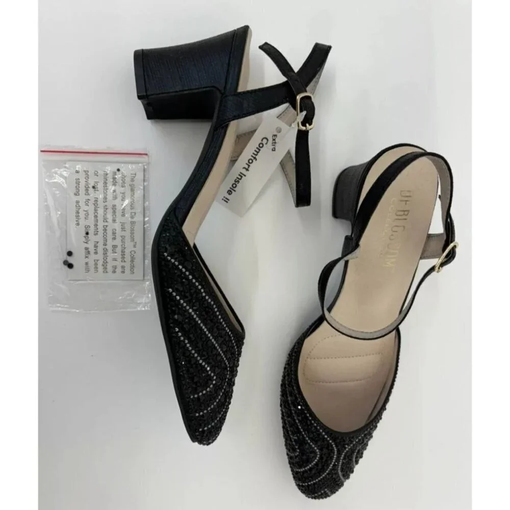 DE BLOSSOM / Gloria-10 / Womens Black Rhinestone Heeled Ankle Strap Sandals / Me